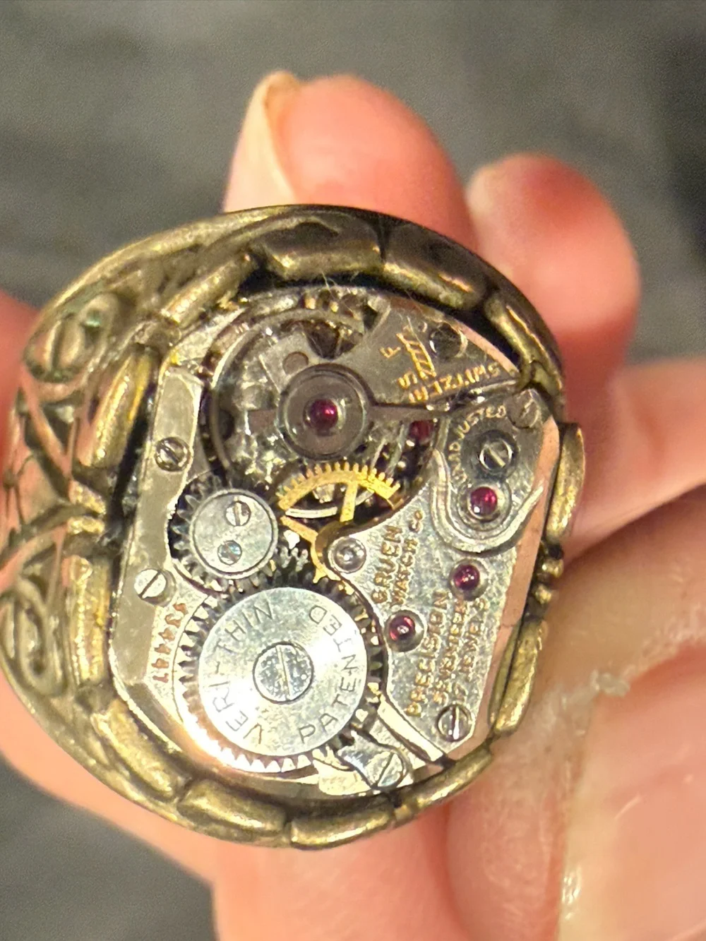 Artist Made Steampunk Watch Movement Ring Vintage Gruen 17 Jewel Filigree Brass